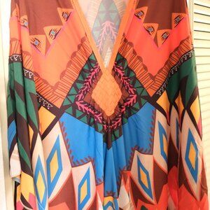 COLORFUL TRIBAL TYPE PRINT POLY KAFTAN CAFTAN ONE SIZE (NO BRAND)